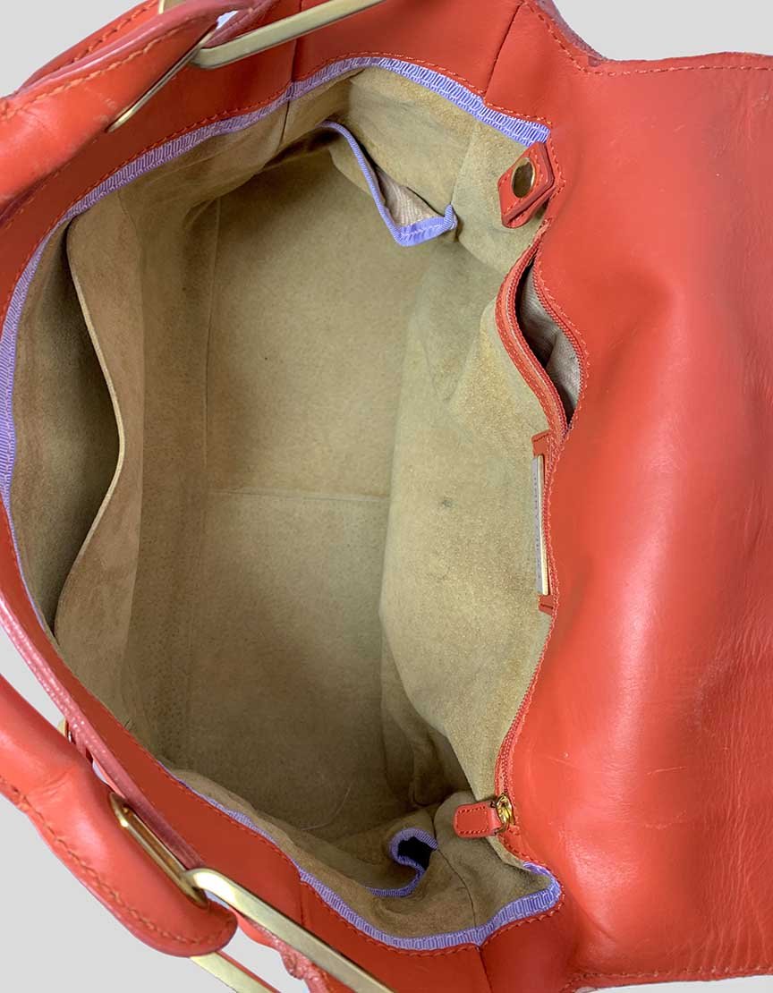 Jimmy Choo Tulita Orange Shoulder Bag With Gold Tone Hardware Single Rolled Leather Shoulder Strap Buckle Adornment At Front