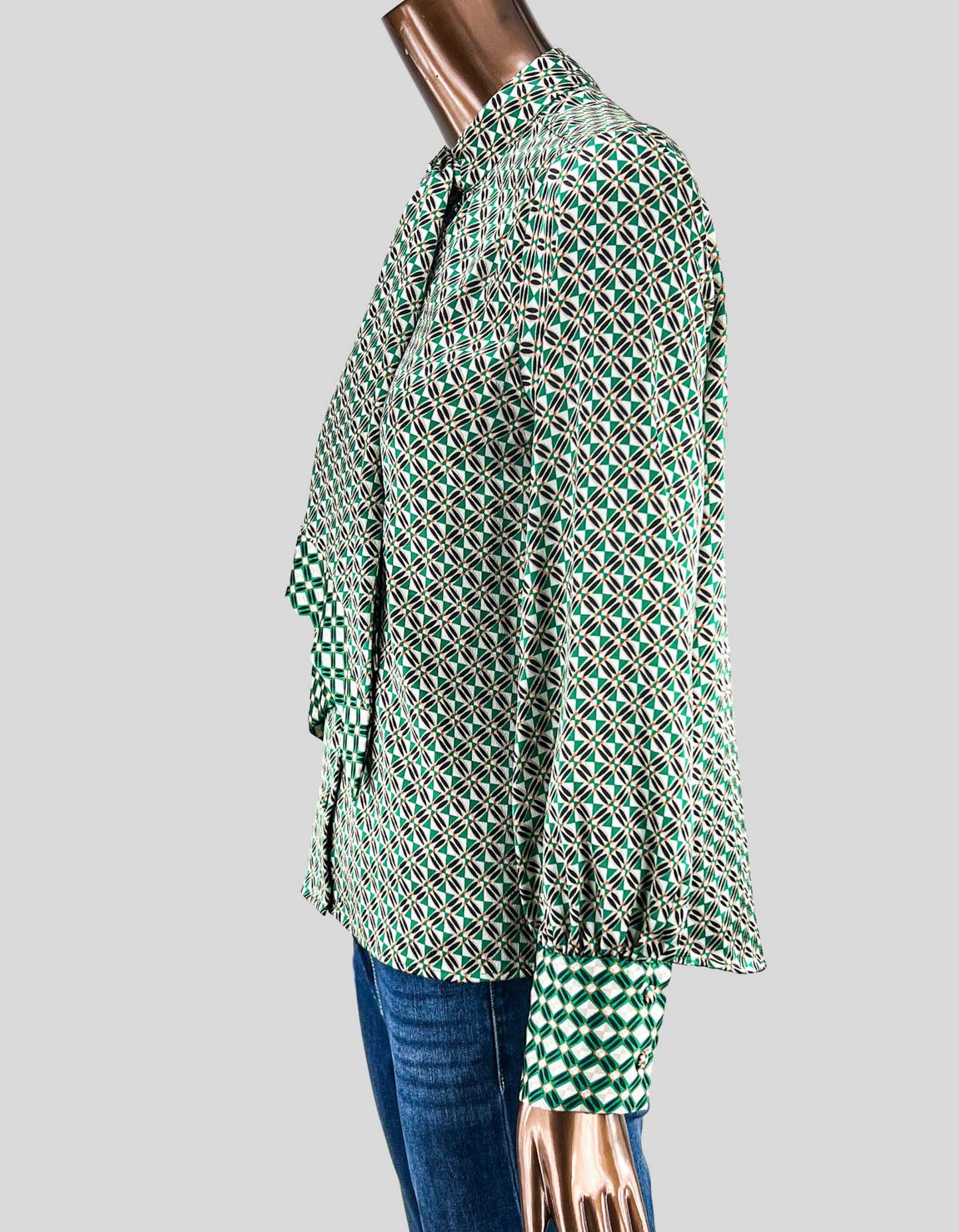 Zara Green Patterned Blouse with Tie - Small