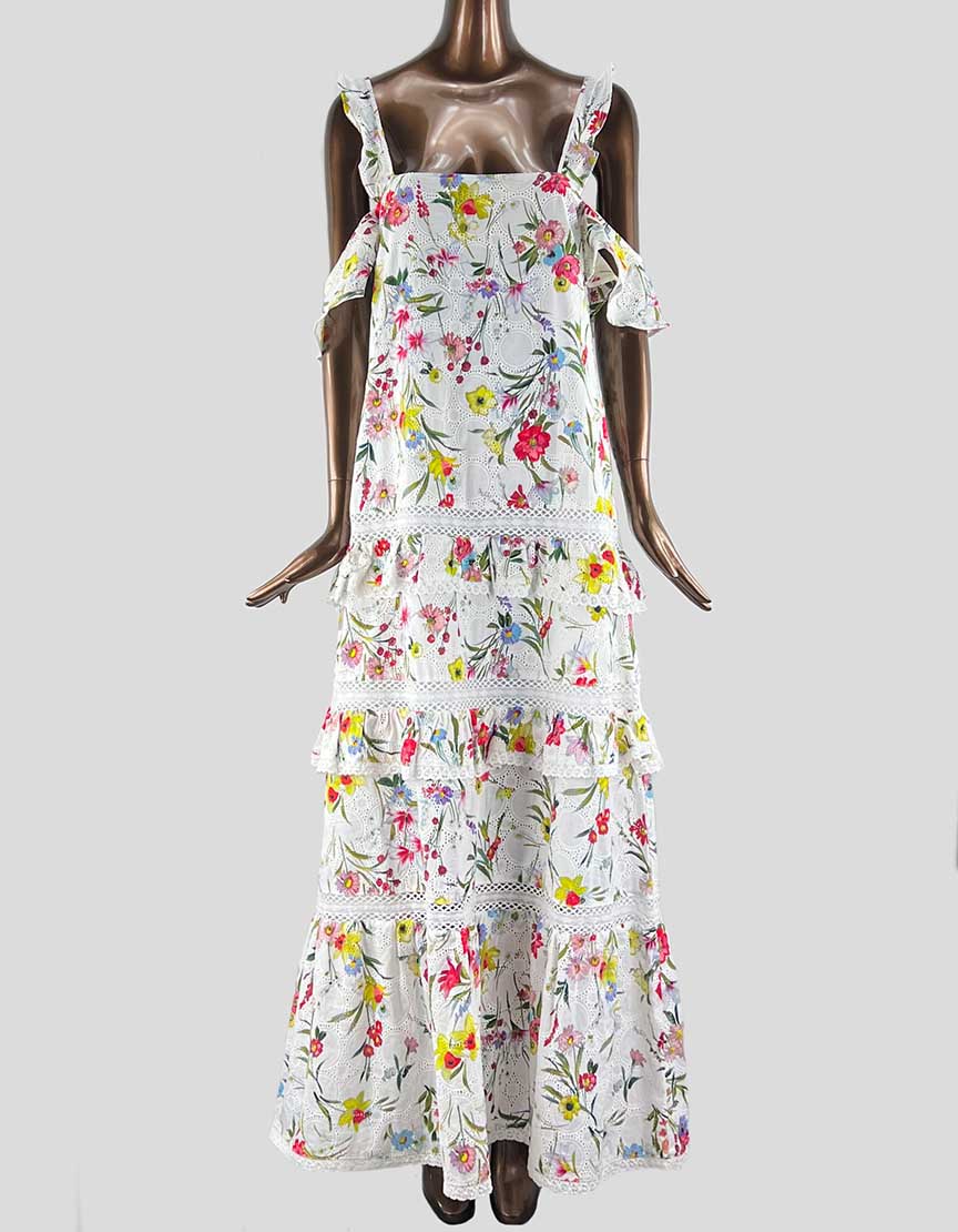 N/ NICHOLAS Daffodil Broderie White Floral Tiered Ruffle Maxi Dress - 4 US