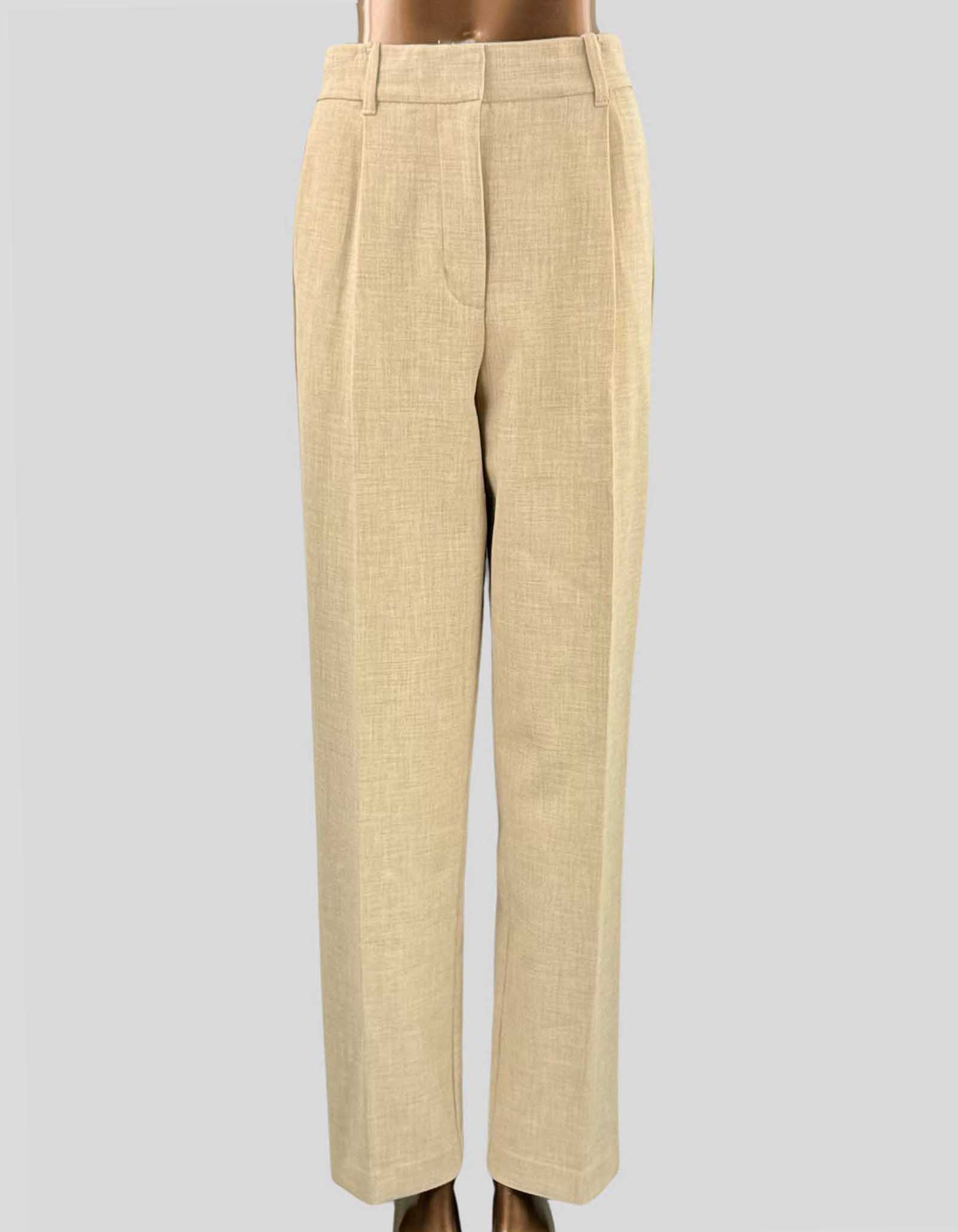 WILFRED the Effortless Pant Trousers. Relaxed trousers, pleated front, high rise, relaxed fit, wide leg, front and back pockets, crepe fabric, light brown tan color, Aritzia brand, business casual.
