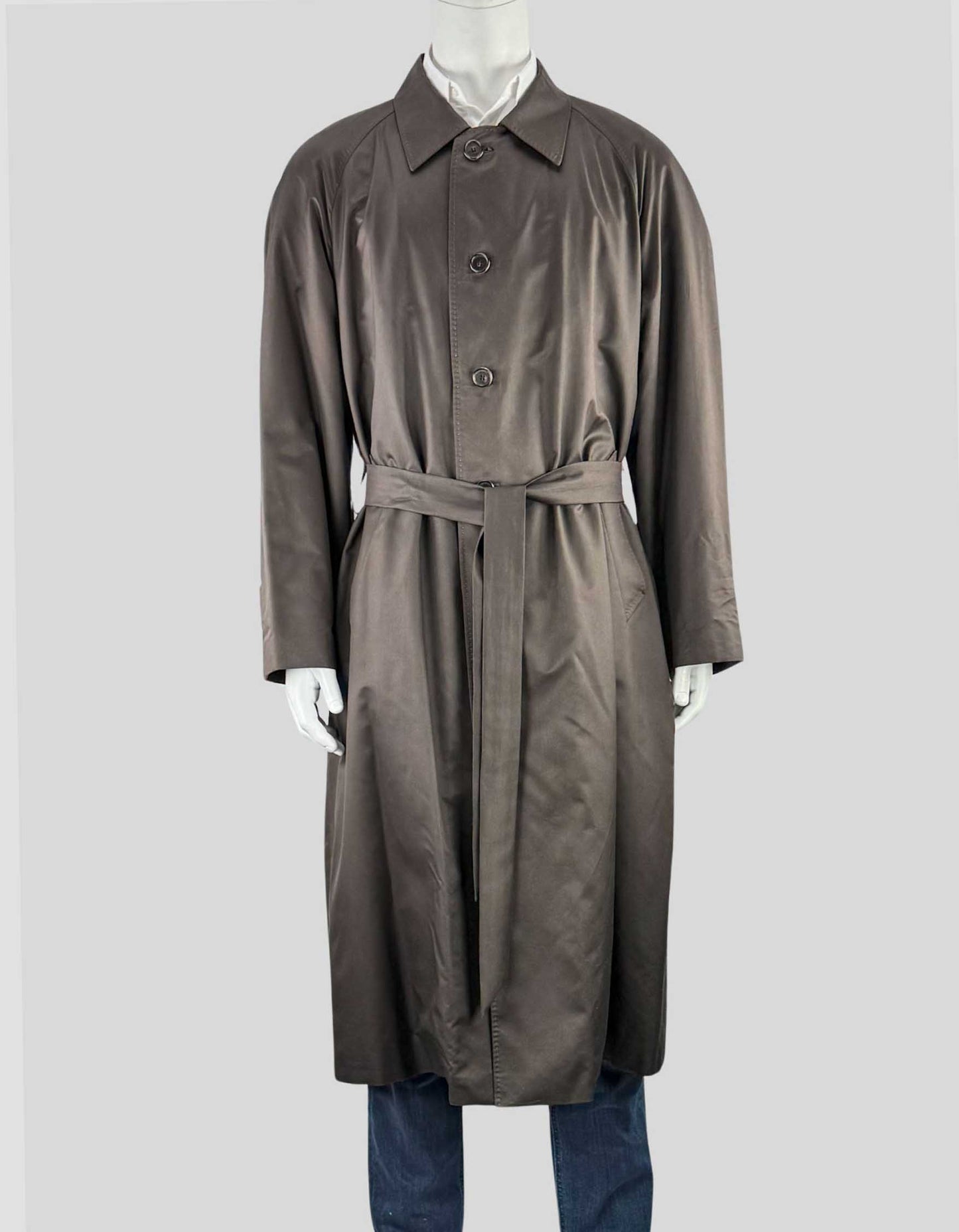 A brown BRIONI trench coat with a collar, button front closure, and a belt.