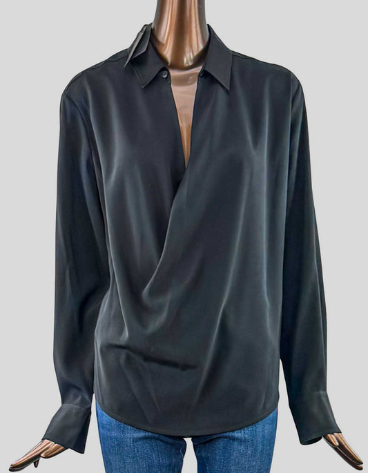RAG & BONE Satin Blouse w/ Tags. Black draped long-sleeve satin top with a hidden snap closure at the center front and buttons at the collar and cuffs.