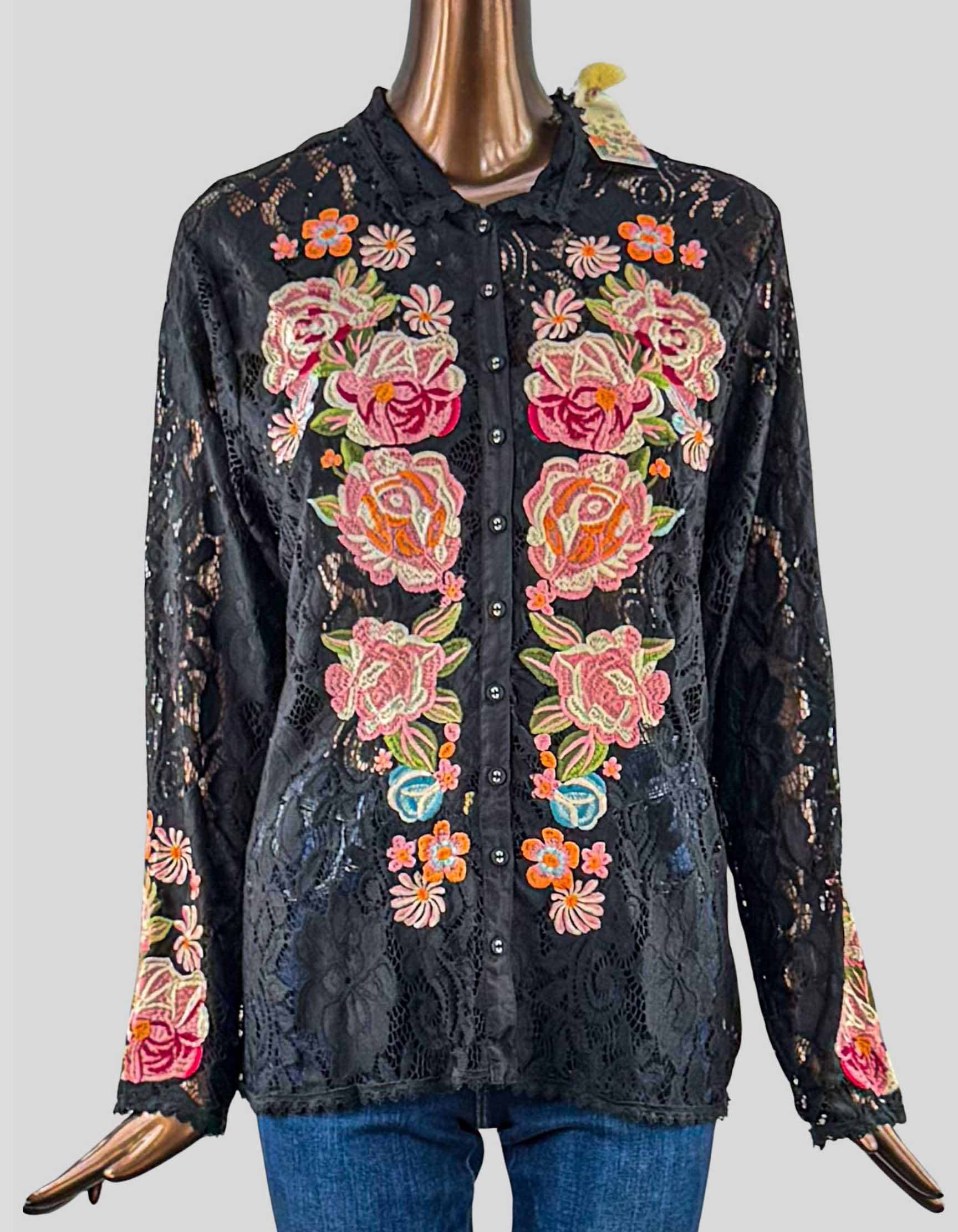 OHNNY WAS Veronne Lace Blouse. A combination of detailed lace and colorful floral bouquets. Designed for easy wearability, featuring a fabric-covered button-front closure