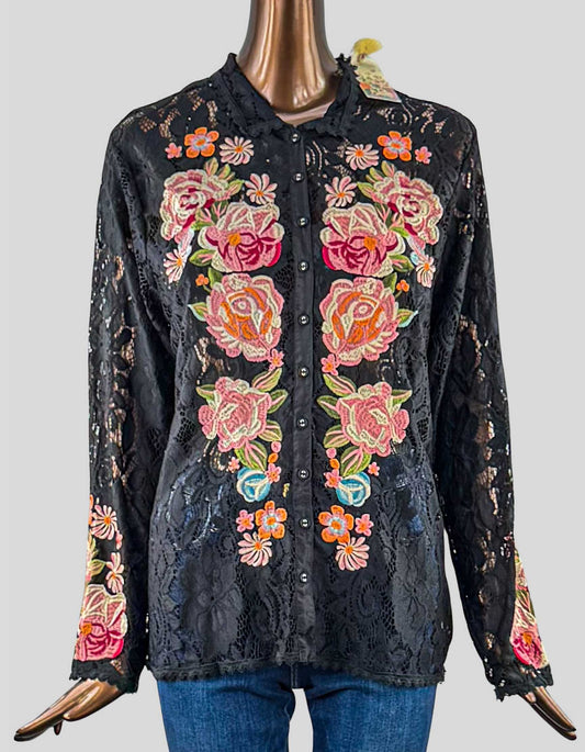 OHNNY WAS Veronne Lace Blouse. A combination of detailed lace and colorful floral bouquets. Designed for easy wearability, featuring a fabric-covered button-front closure