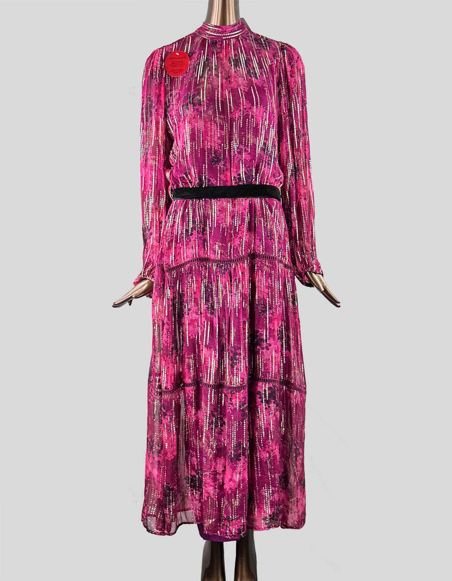 ASOS HOPE & IVY high neck midi dress. Blouson sleeves. Velvet waist tie. Slip dress liner with adjustable straps. Tie back ribbon fastening. Chiffon sheer. Lightweight fabric with gold detail