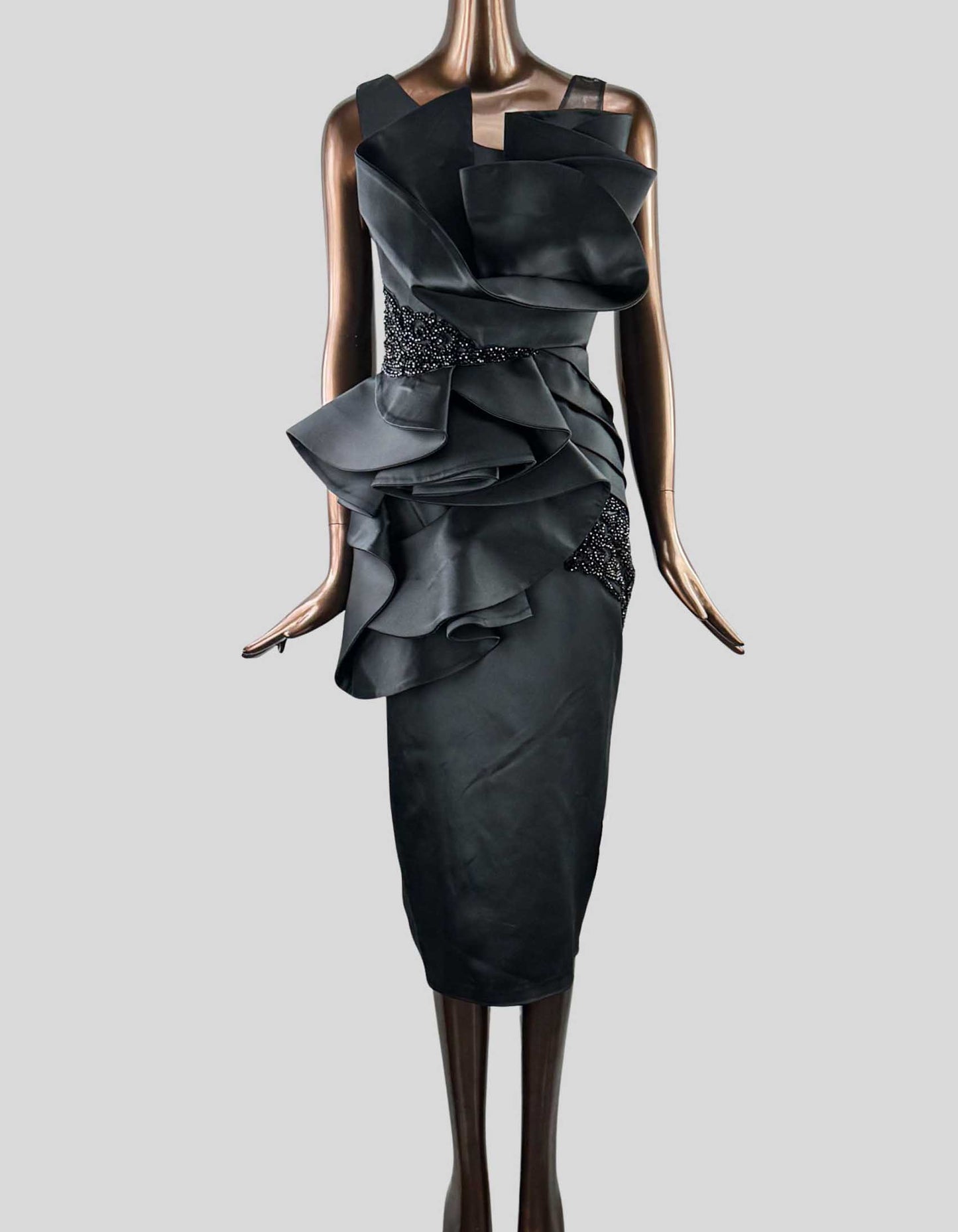 ANITABEL DIVALUKKY Cocktail Dress w/ Tags. Soft smooth duchess satin fabric, peplum details, structured details reinforced to help retain shape, a combination of silver embroidery and crystal bead details, penciled silhouette.