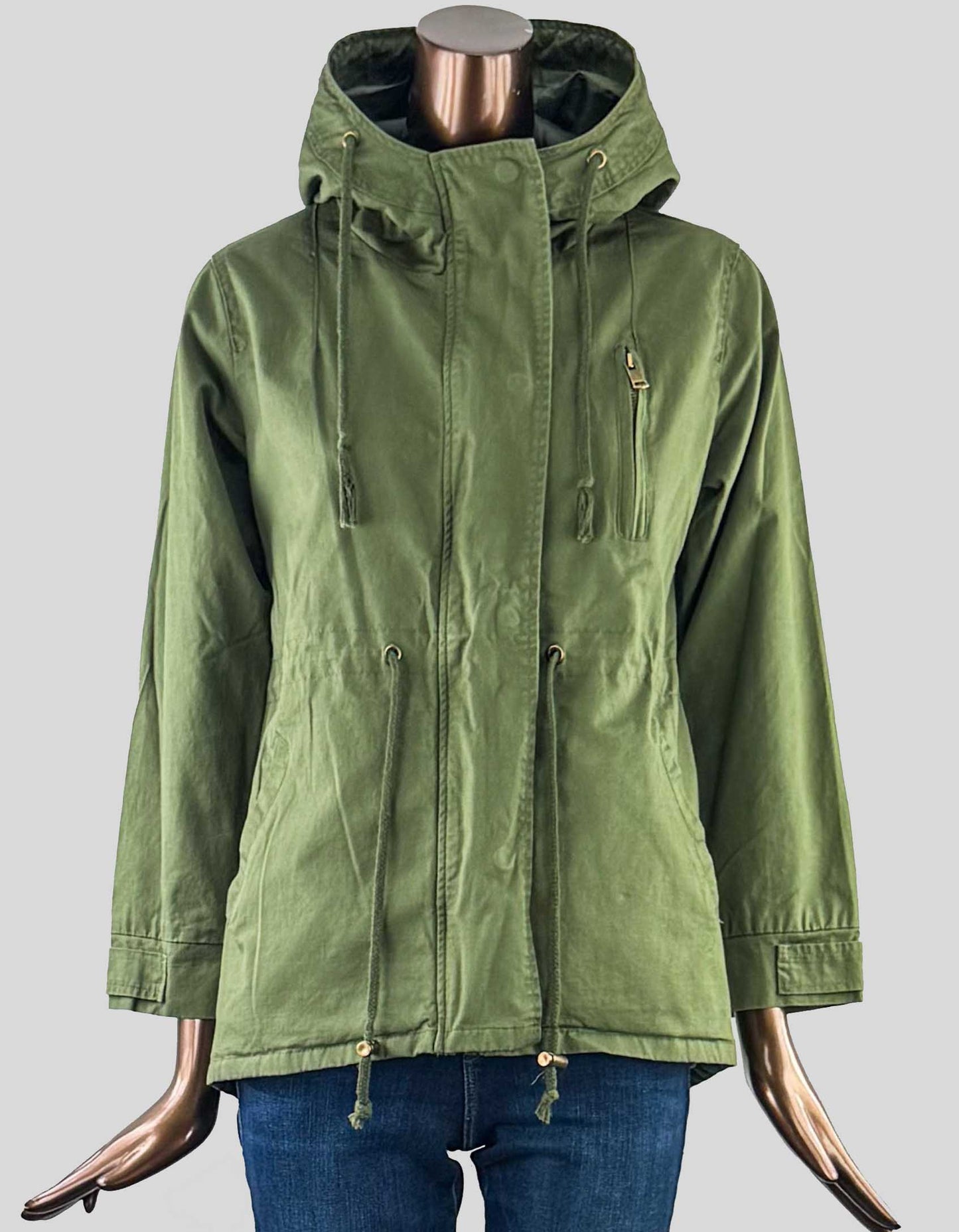 Outdoor jacket with hood in army green. Back vent detail. Shirttail hem that's longer in the back with snap closure. Waist tie. Zip and placket snap closure at front.