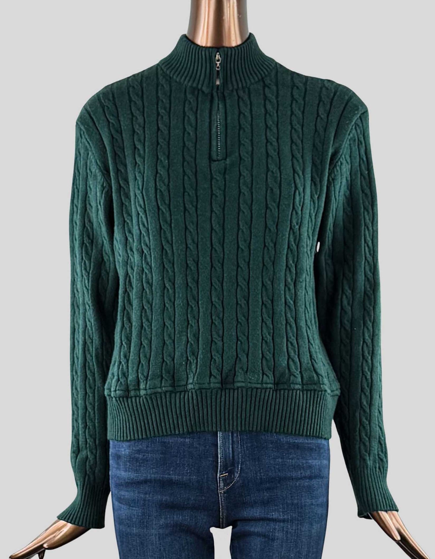 COOFANDY three-quarter zip front cable sweater. Mock collar. Long sleeve.
