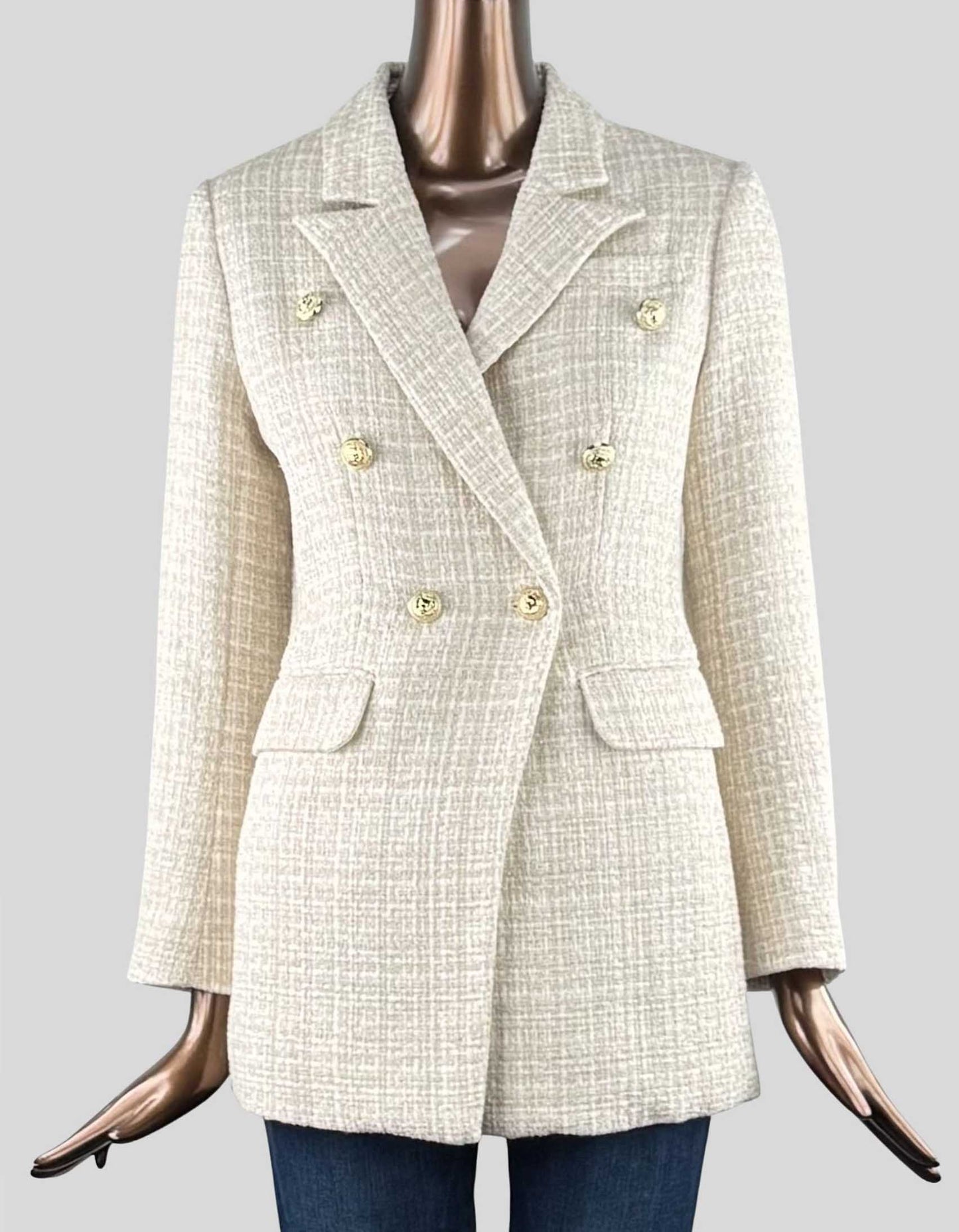 BELLE & BLOOM Princess Polina Tweed Blazer in Beige Marle color with timeless 'captain style' golden buttons. Fitted cut. Notch lapel collar. Single-breasted closure. Decorative golden buttons. Side pockets with flap.