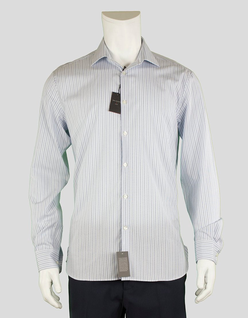 JOHN VARVATOS USA Slim Fit Blue Grey And White Striped Button Down Dress Shirt 15.5 34/35