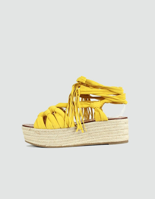 Sigerson Morrison Cosie Yellow Espadrille Wedge Sandal With Woven Raffia Platform Size 10B