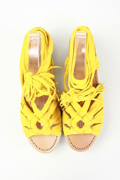 Sigerson Morrison Cosie Yellow Espadrille Wedge Sandal With Woven Raffia Platform Size 10B