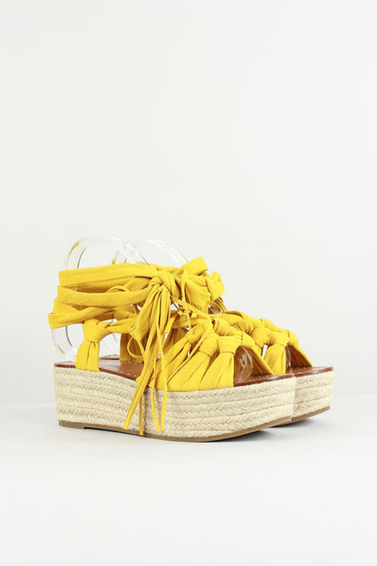 Sigerson Morrison Cosie Yellow Espadrille Wedge Sandal With Woven Raffia Platform Size 10B