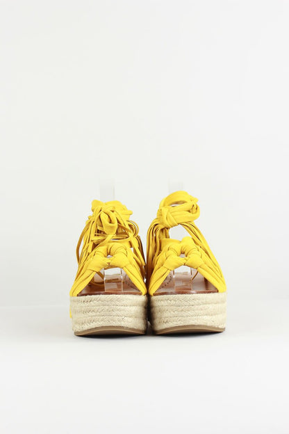 Sigerson Morrison Cosie Yellow Espadrille Wedge Sandal With Woven Raffia Platform Size 10B