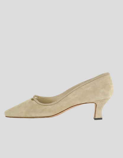 Manolo Blahnik Women's Tan Suede Pointed Toe Pump With Tonal Stitching And Sueded Covered Heels Shoe Size 37.5 It