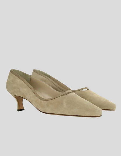 Manolo Blahnik Women's Tan Suede Pointed Toe Pump With Tonal Stitching And Sueded Covered Heels Shoe Size 37.5 It