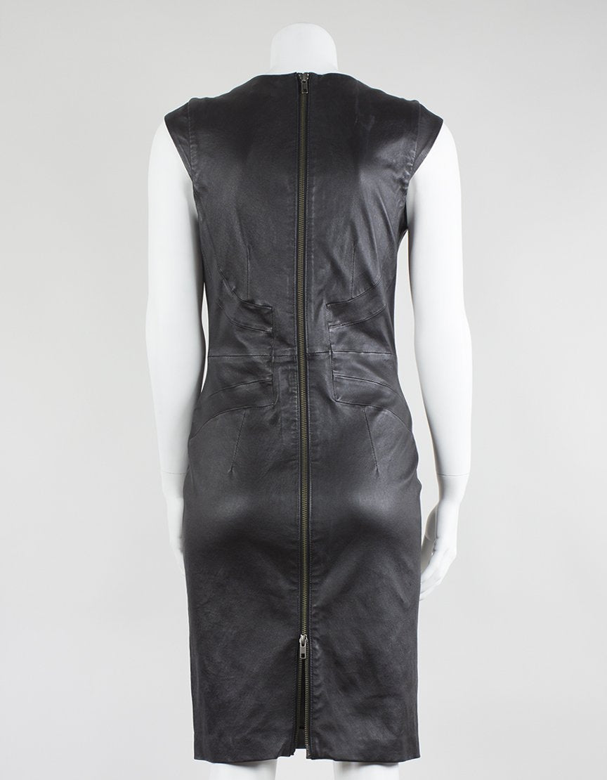 Rebecca Vallance Black Leather Capped Sleeve Shift Dress With Exposed Back Zipper Small