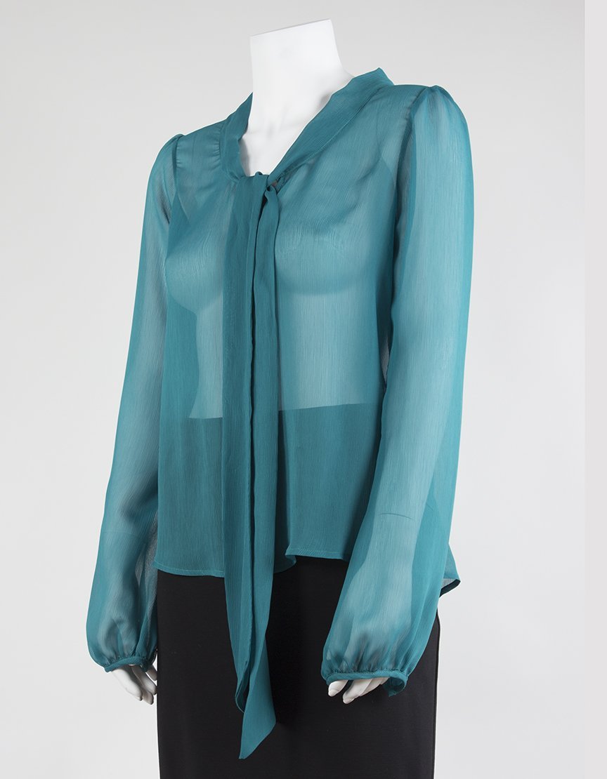 Myne Green Sheer Silk Blouse With Bishop Sleeves Size Small