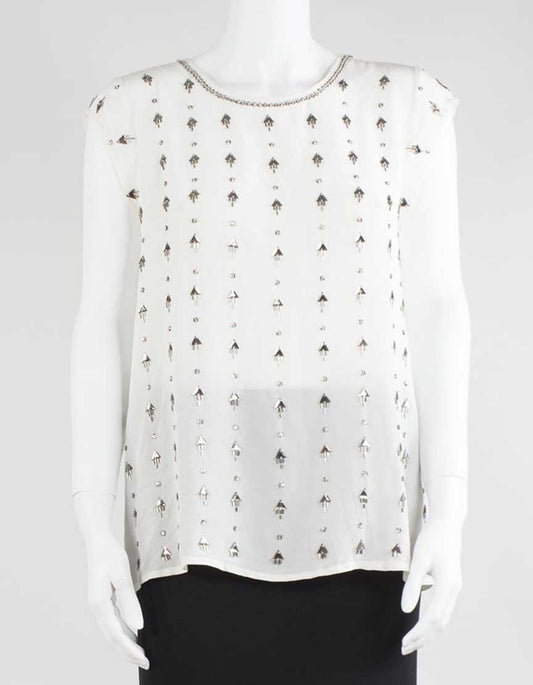 Joie Cream Silk Round Neck Capped Sleeve Blouse With Rhinestones Medium