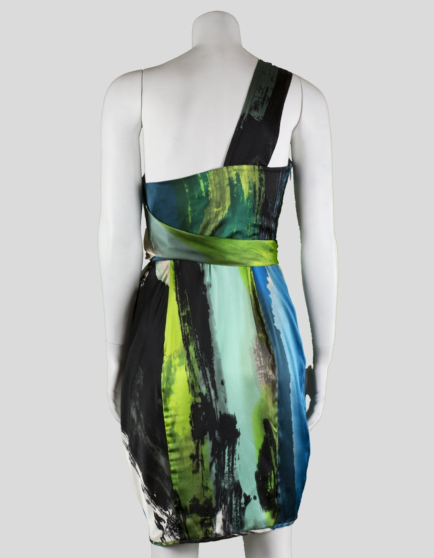 Black Halo One Shoulder To The Knee Abstract Print Silk Dress Size 4