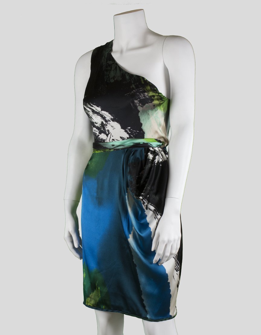 Black Halo One Shoulder To The Knee Abstract Print Silk Dress Size 4