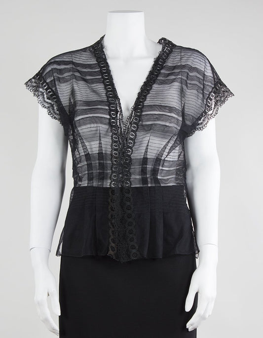 La Perla Sheer Lace V-Neck Capped Sleep Top With Stripe Design Size 44