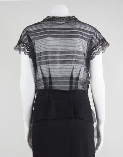 La Perla Sheer Lace V-Neck Capped Sleep Top With Stripe Design Size 44