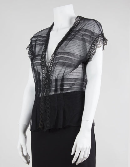 La Perla Sheer Lace V-Neck Capped Sleep Top With Stripe Design Size 44