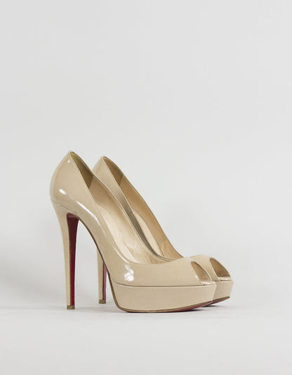 Christian Louboutin Lady Peep Patent Red Sole Pump Nude Size 39