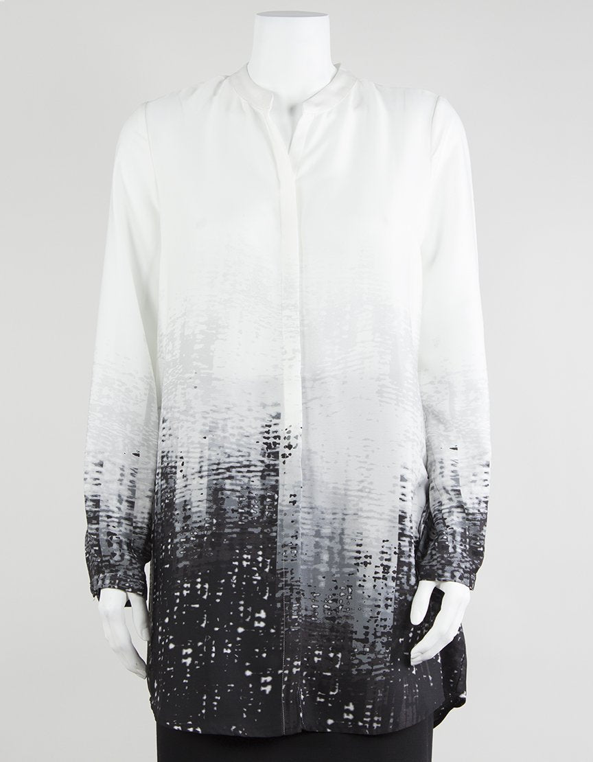 Elie Tahari White And Black Button Down Collared Abstract Print Blouse With Long Sleeves Small