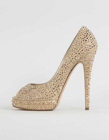 CASADEI champagne platform, peep-toe, evening pumps with rhinestones throughout.