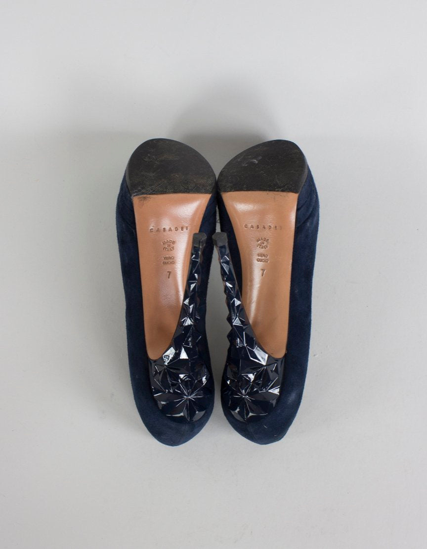 Casadei Blue Suede Round Toe Platform Pumps Size 7