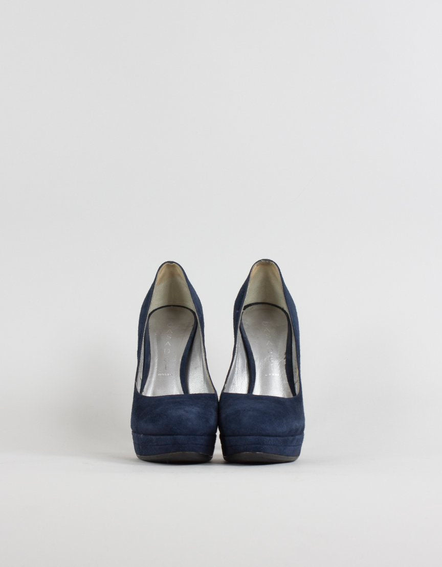 Casadei Blue Suede Round Toe Platform Pumps Size 7