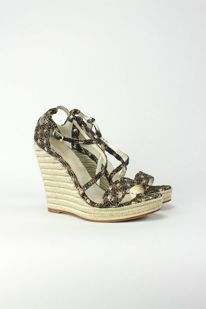 Jean Michel Cazabat Wedge Sandals With Black And Gold Tone Knit Canvas Size 39