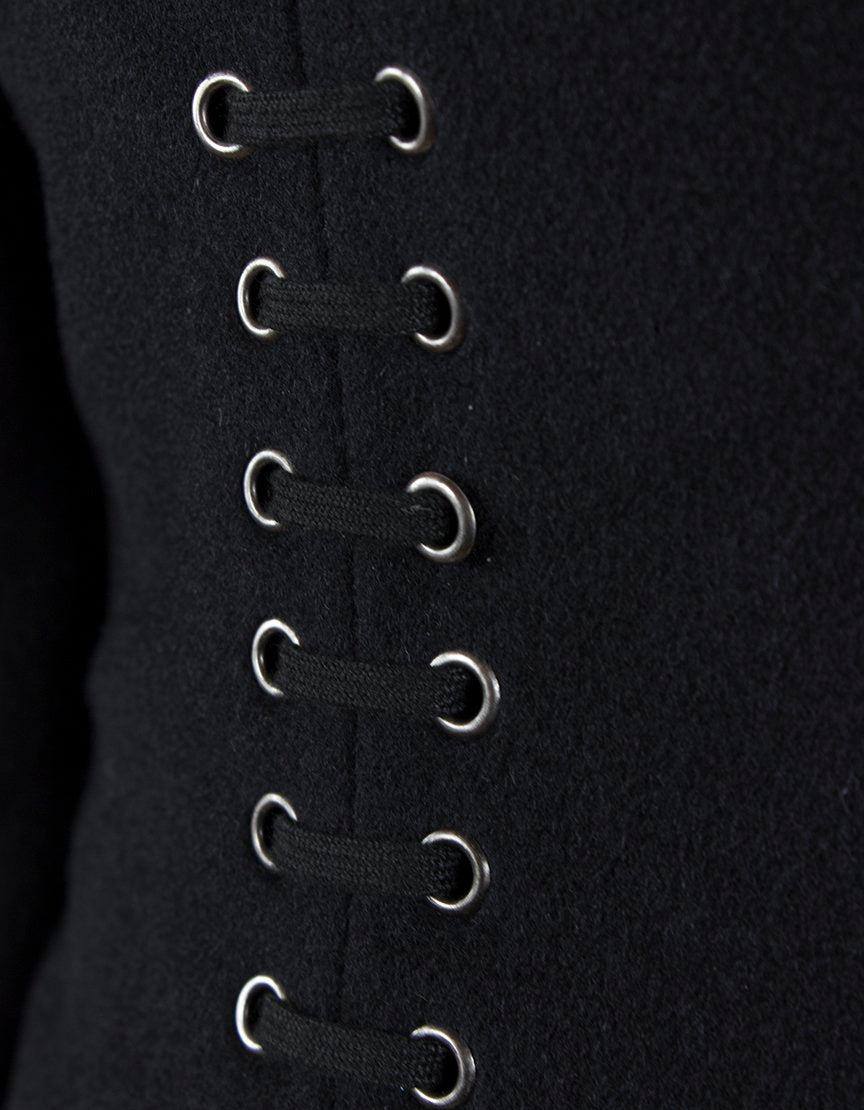 Twentyeighttwelve Black Double Breasted Three Quarter Length Coat With Military Inspired Front Cut And Design Size 4