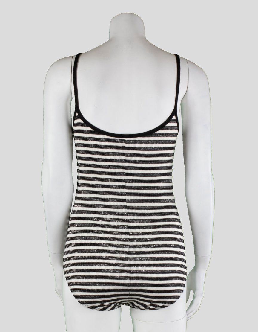 Paige Kinsley Black White And Silver Striped Bodysuit With Spaghetti Straps Small