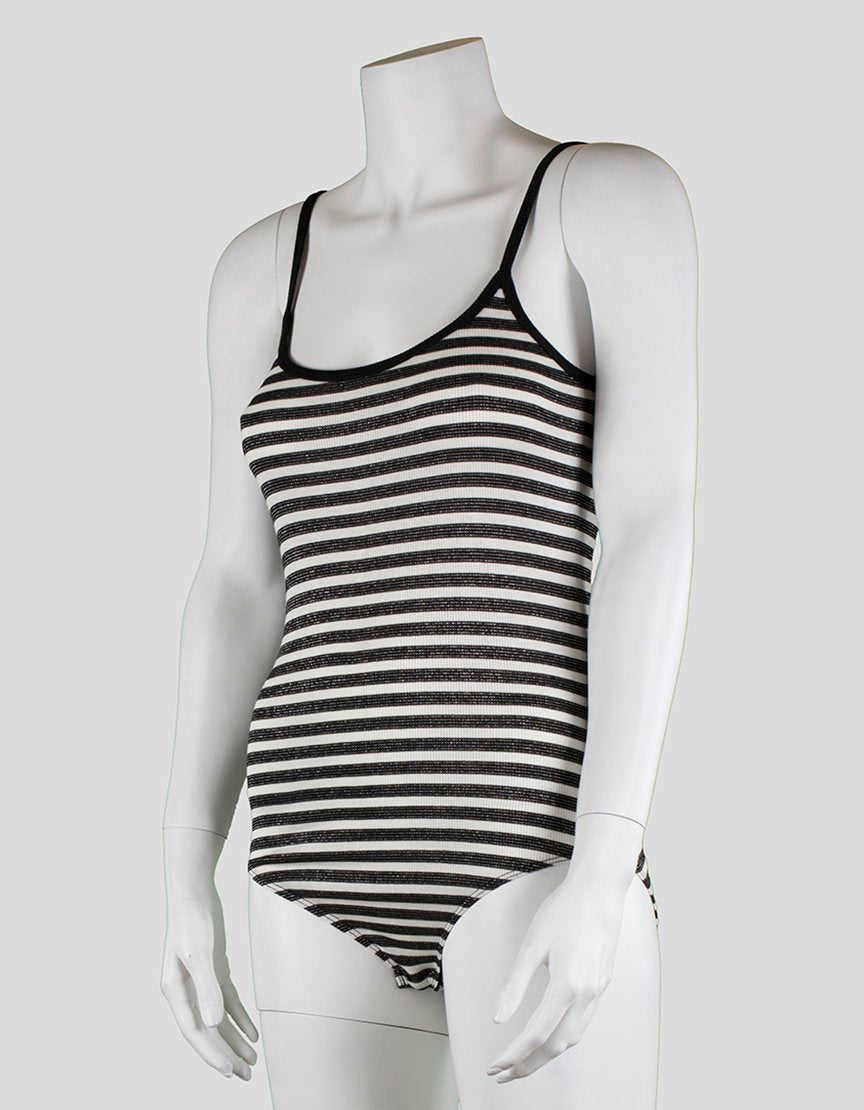 Paige Kinsley Black White And Silver Striped Bodysuit With Spaghetti Straps Small