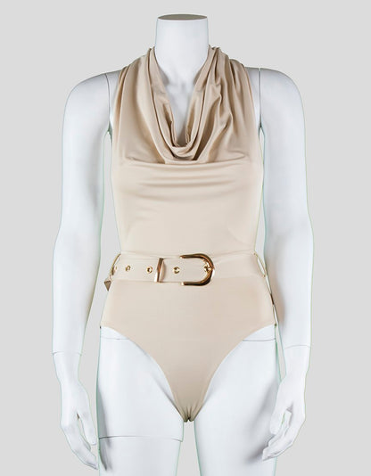 Bossa Pianosa Bodysuit With Cowl Neck Backless Halter And Gold Accented Belt X-Small