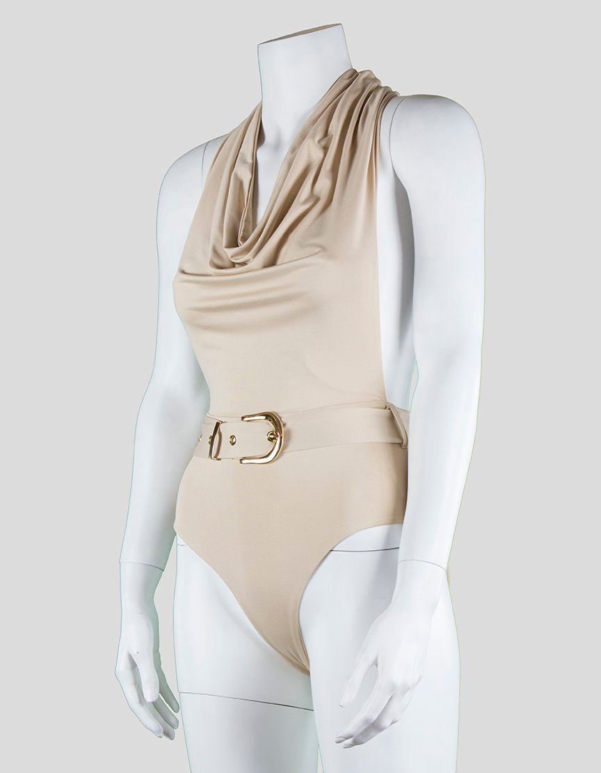 Bossa Pianosa Bodysuit With Cowl Neck Backless Halter And Gold Accented Belt X-Small