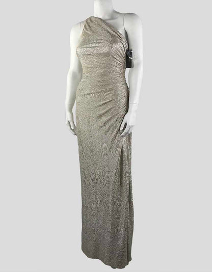 Laundry Women's One Shoulder Gold And Silver Lame To The Floor Formal Dress With Left Side Slit And Embellished Ruching Side Zipper 2 US