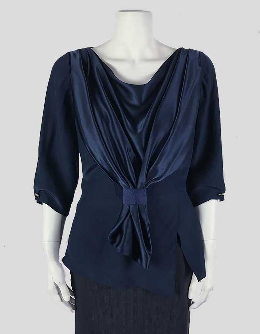 Oscar De La Renta Navy Blue Silk Evening Top With Draping Throughout And Front Tie Design Size 10