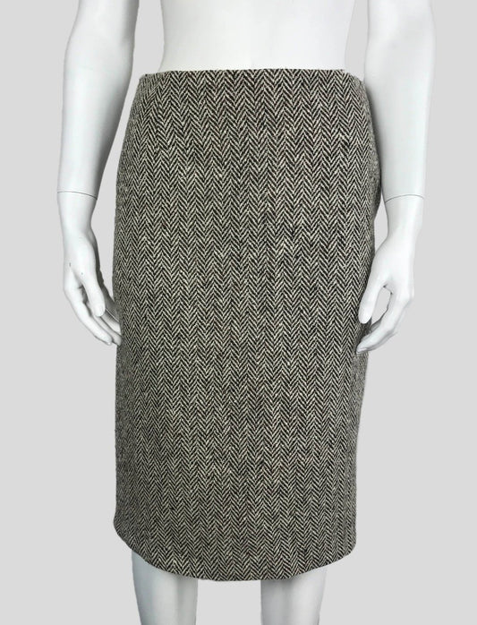 Black Brown And Cream Herringbone Lana Wool Pencil Skirt With Side Zipper Lined Size 12