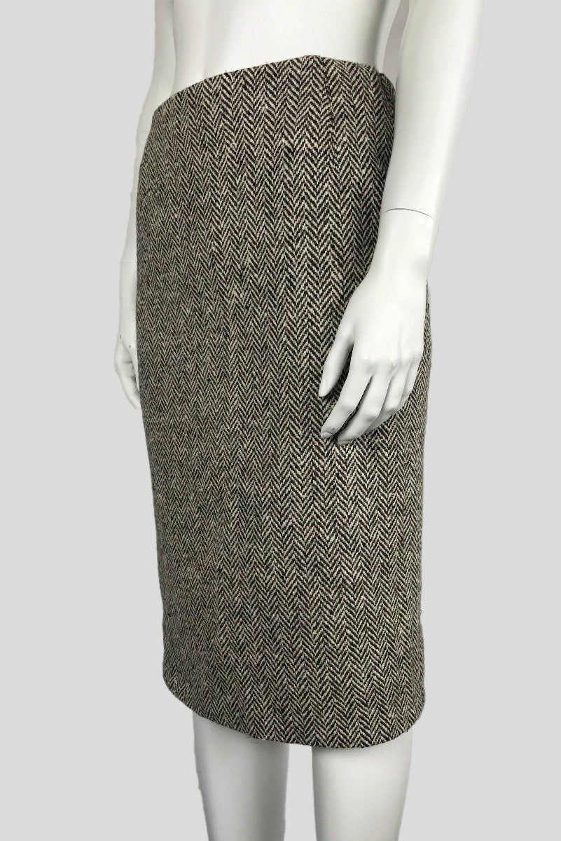 Black Brown And Cream Herringbone Lana Wool Pencil Skirt With Side Zipper Lined Size 12