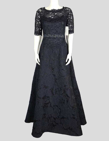 Rickie Freeman Teri Jon Embellished Lace To The Floor Ballgown In Navy Blue With Grosgrain Embellished Belt Tulle Underlay Size 4 US