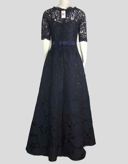 Rickie Freeman Teri Jon Embellished Lace To The Floor Ballgown In Navy Blue With Grosgrain Embellished Belt Tulle Underlay Size 4 US