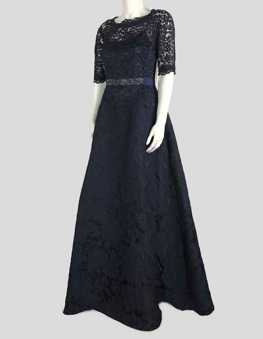 Rickie Freeman Teri Jon Embellished Lace To The Floor Ballgown In Navy Blue With Grosgrain Embellished Belt Tulle Underlay Size 4 US