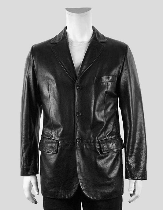 Massimo Bizzocchi Black Leather Three Button Three Pocket Blazer Size 48 It
