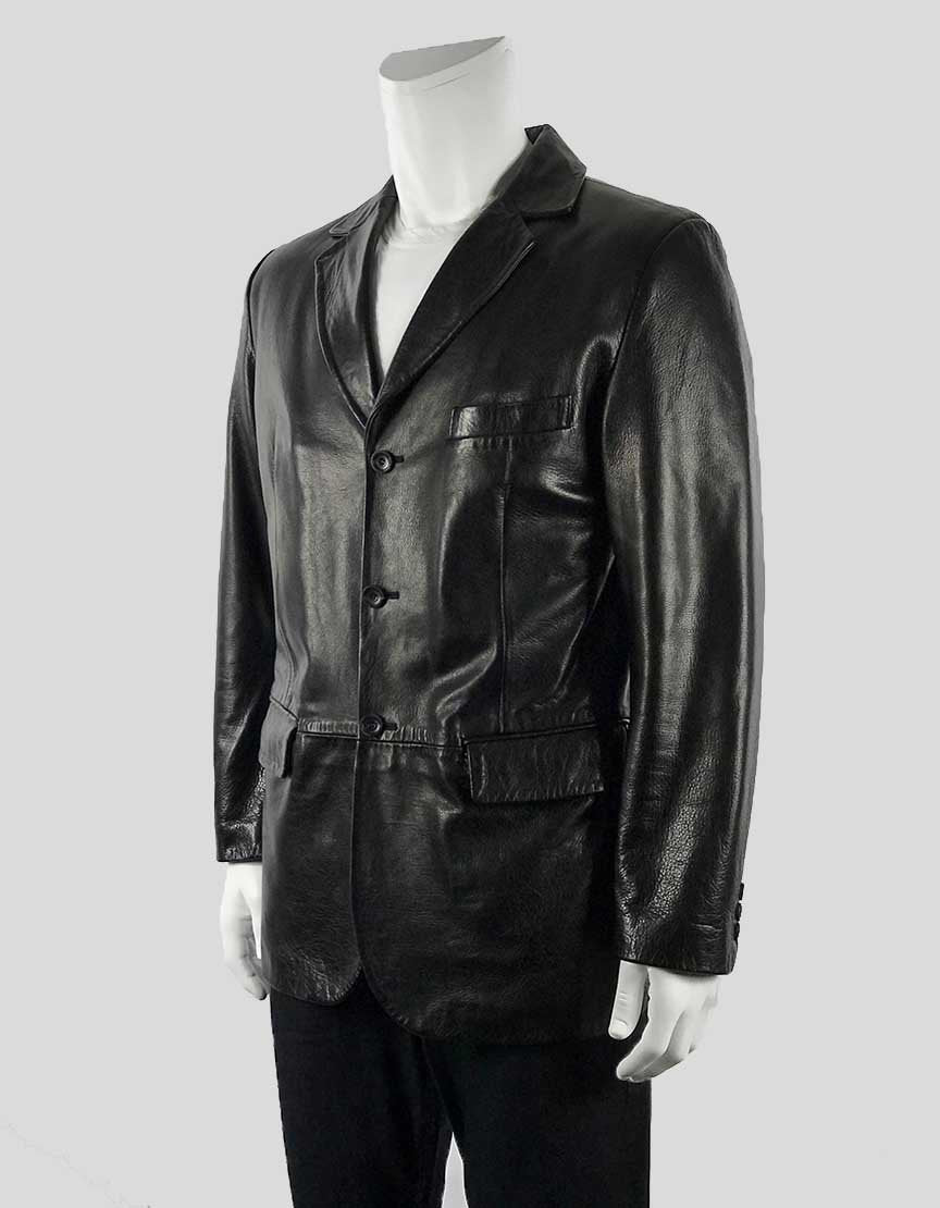 Massimo Bizzocchi Black Leather Three Button Three Pocket Blazer Size 48 It