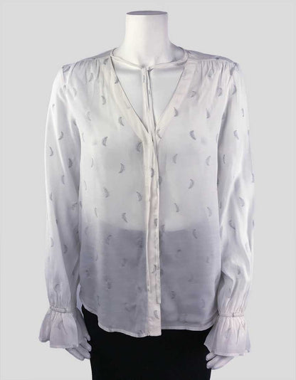 St Roche Long Sleeve Blouse In A Cream And Grey Feather Print With Tie And Ruffle Size Small