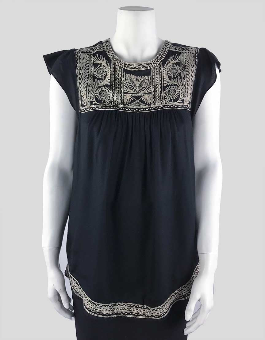 Joie Black Short Sleeved Blouse With Tan Embroidery Accent Size Small